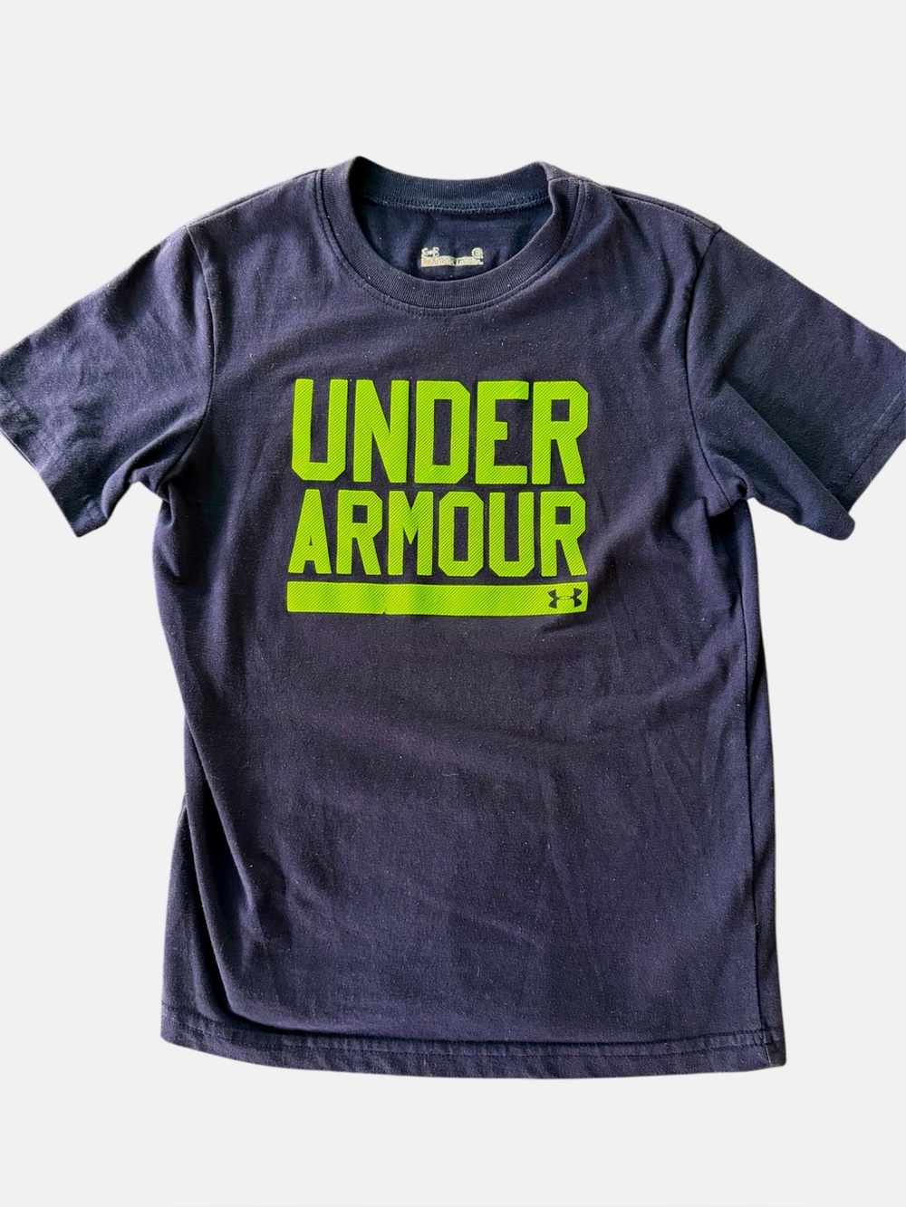UNDER ARMOUR Heat Gear Navy Tee w Bright Lime Logo - Short Sleeve Boys Size 6